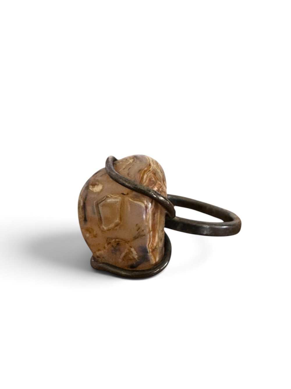 1972 Handmade Ring. Vintage Agate Stone Encased in Dark Metal Wiring.